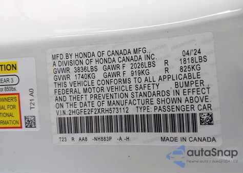 2024 Honda Civic Lx из США, поврежденный, VIN 2HGFE2F2XRH573112